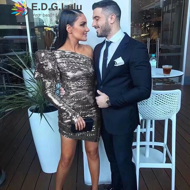 

EDGLulu sequin dress mini 2019 runway fashion club bodycon new arrival high quality off shoulder dress