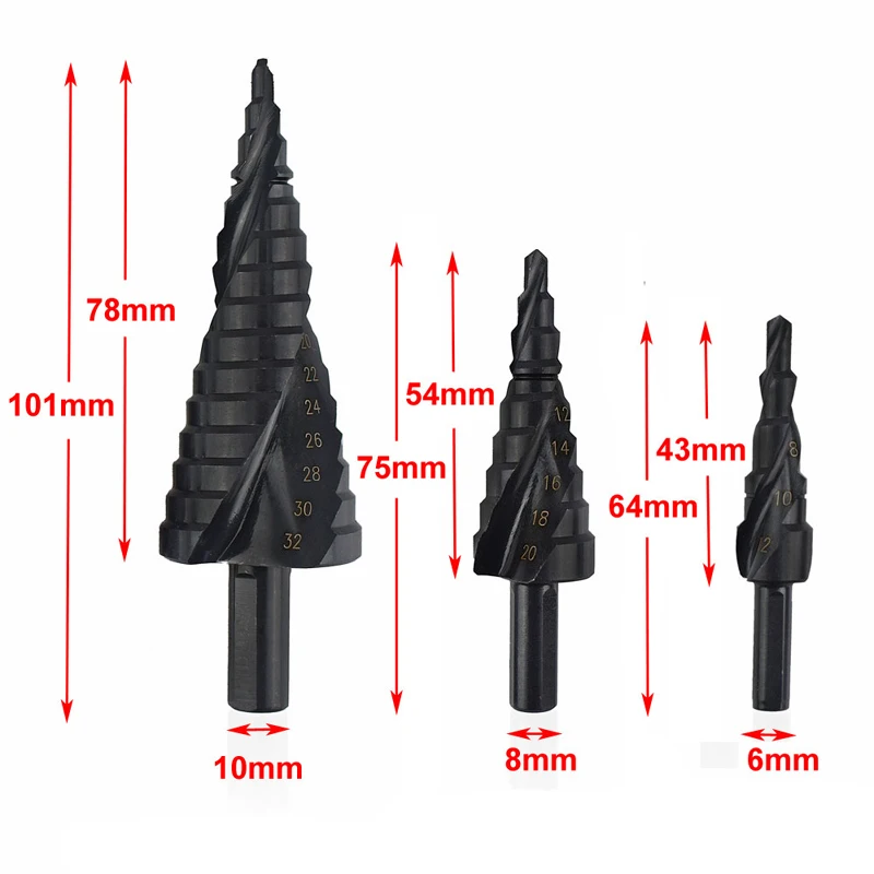 3 PCS HSS Titanium Nitride Coated Cone Spiral Step Drill Bit Set Metal Hole Cutter Power Tools kit, Metric 4-12/20/32mm