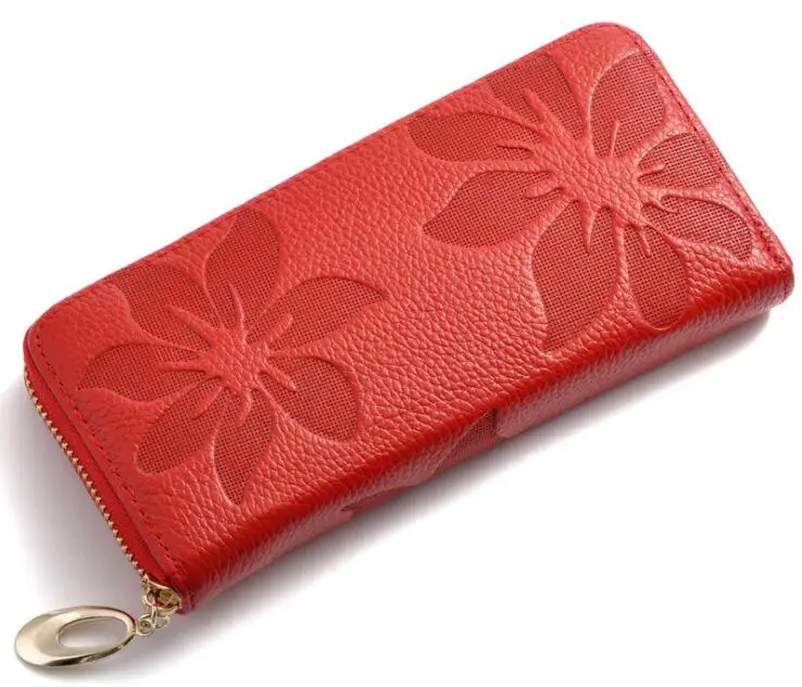 100%Genuine Leather PINK Floral Women Wallets Red Large Zipper Long Wallet Women Flower Phone ...