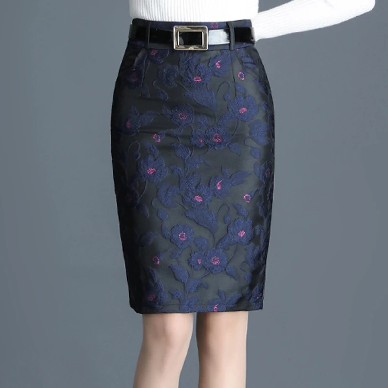 

Spring Fall Female Womens High Waisted Dobby Floral Pattern Placket Pencil Skirt , Woman Office Ladies Blue Knee Length Skirts
