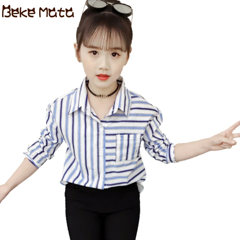 

Girl Blouses Long Sleeve Autumn Patchwork Striped School Blouse For Teenage Girl Tops Turn-down Collar Children Blouse 4-13 Year