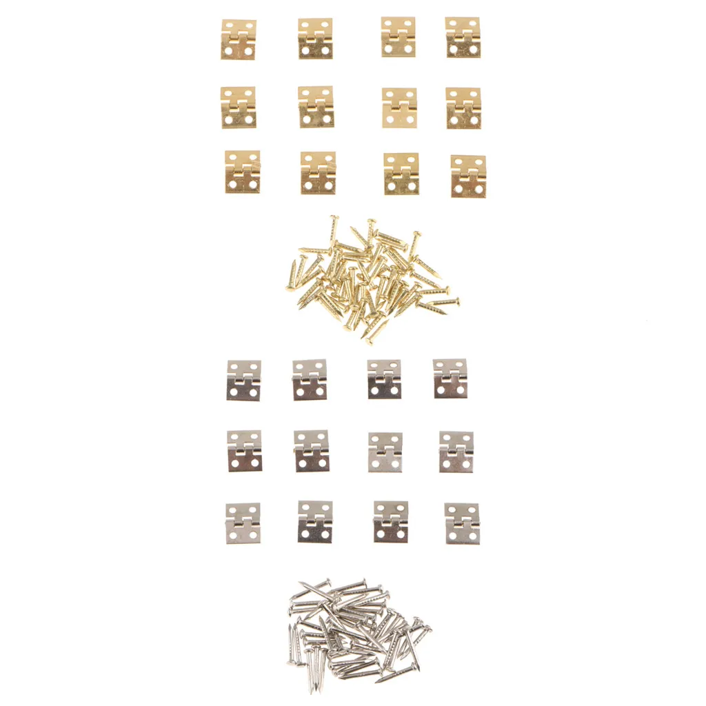 24Pcs Small Mini Metal Hinges Jewellery Box Dollhouse Hinge with Screws 8x10mm Golden and Silver Color