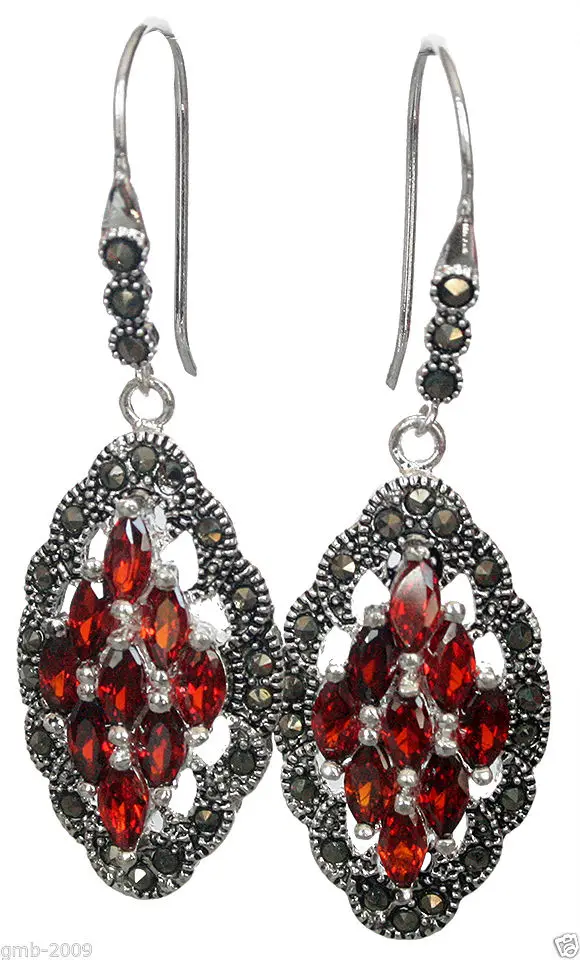 

FREE SHIPPING>>> Genuine 925 Sterling Silver Red Crystal Art Style Marcasite Earrings