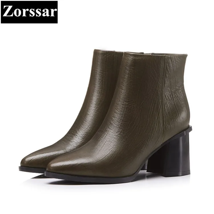 

{Zorssar} 2018 NEW Large size Women Boots Thick heel pointed Toe High heels ankle Riding boots Cow leather womens shoes winter