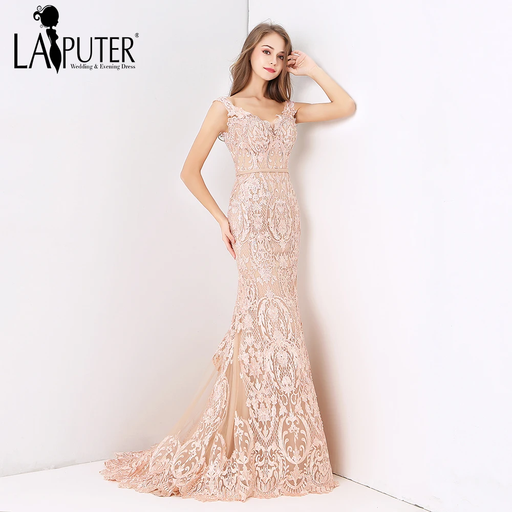 

Laiputer 2018 Sexy Mermaid V-neck Luxury Beading Pearls Dusty Pink Lace Crystal Vintage Arabic Long Formal Evening Prom Dresses