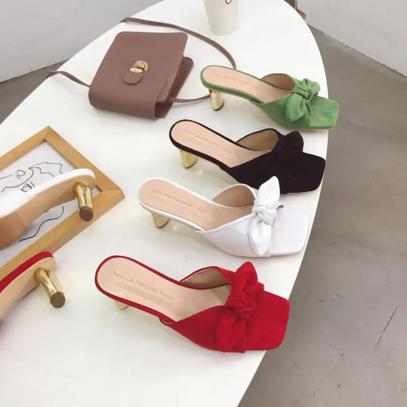 

female chunky heel bow knot mules brief rubber slippers leather modis heels new 2019 slides sandal summer ladies butterfly
