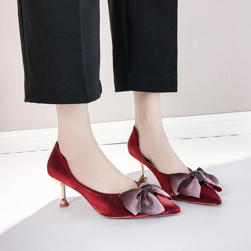 

Women Red High Heel Shoes Bow-Knot Pointed Toe Pumps Slip-on Party Wedding Ladies Office Shoes High Thin Heel sapato feminino
