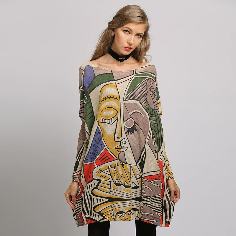XIKOI Sweater Woman Casual Oversize Long Batwing Sleeve O-Neck Knitted Fashion Pullovers Abstract Print Clothes XIKOI Sweater Woman Casual Oversize Long Batwing Sleeve O-Neck Knitted Fashion Pullovers Abstract Print Clothes