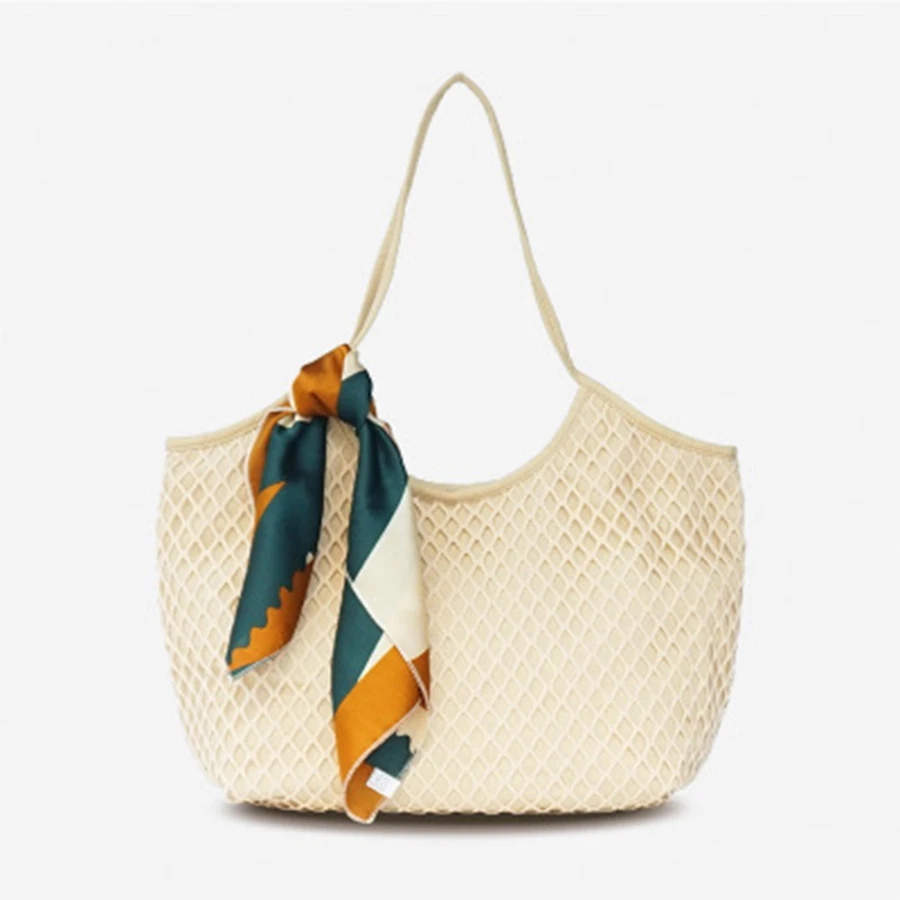 

Casual Hollow Out Mash Handbags Women Canvas Scarf Shoulder Bags Western Style Large Capacity Totes Ladies Mesh Beach Bag 2019
