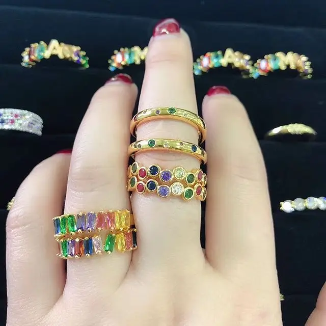 

2019 summer women fashion gold color engagement band ring pave rainbow colorful cubic zirconia CZ classic trendy female jewelry