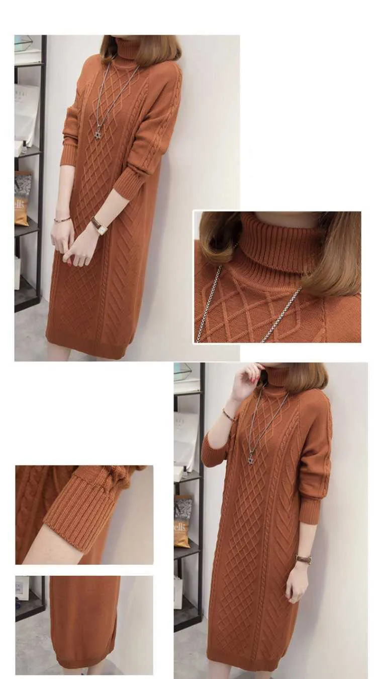 New Fashion Autumn Winter Women Knitting Middle Long Dresses Female Turtleneck Long Sleeve Warm Thick Dresses Pullovers F15