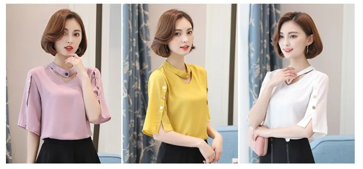 Blouse Shirt Women 2018 Korean Style V-neck Tops Ladies Chiffon Blouse Button Short Sleeve White Shirts Summer Blusas Mujer (3)