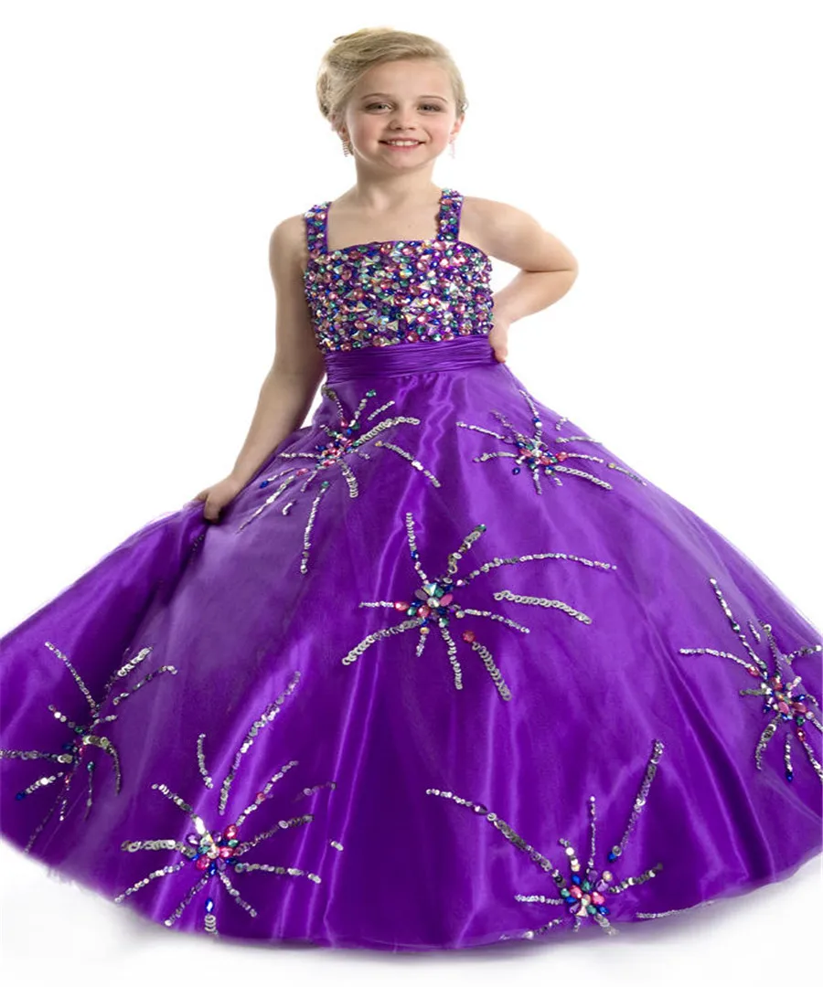 2015 Luxury Purple Girls Pageant Dresses Beaded Ball Gown Flower Girl