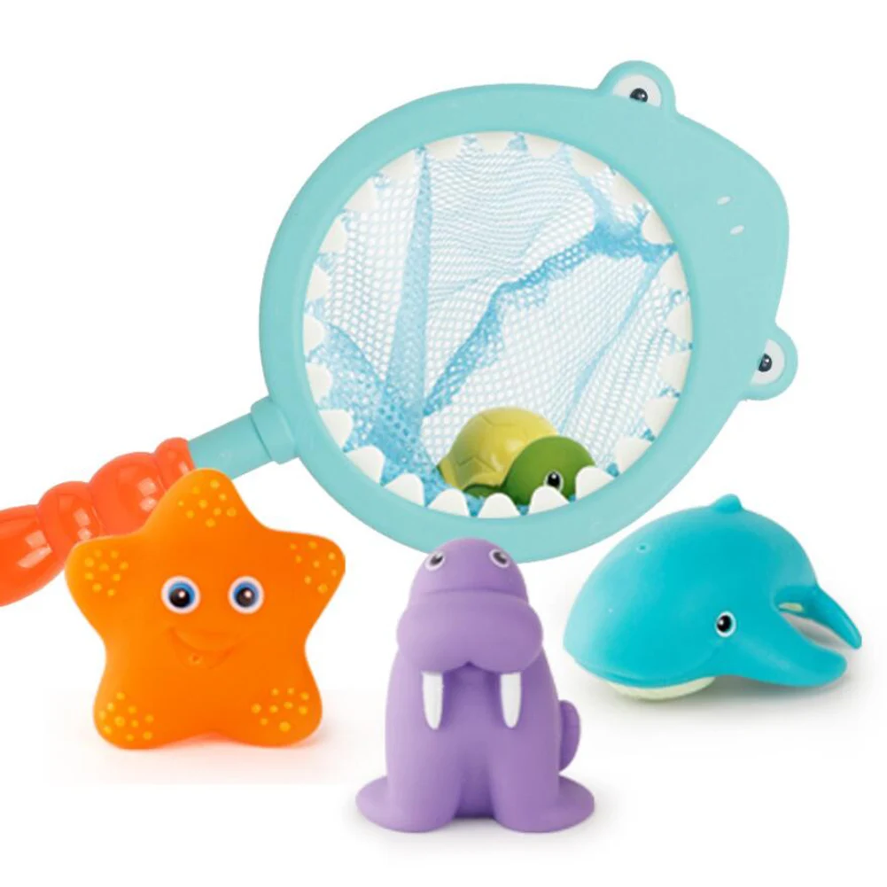 

Baby Bathroom Shower Water Soft Glue Spray Animal Swimming Float Toys Colorful Cute Fishing Net Children Bath Toys Set