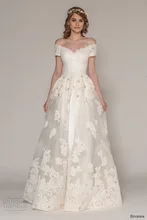 Romantic Dream Off The Shoulder A-line Wedding Dress V-neck Front And Back Applique Flower Bridal Gown NM 513