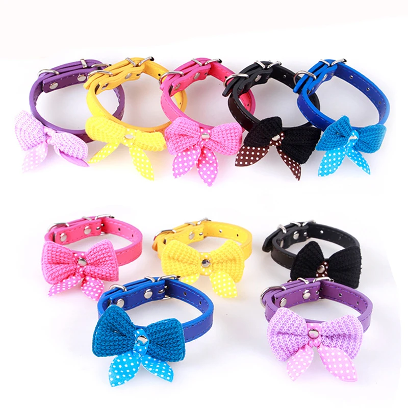 Cute Knit Bowknot Pet Dog Collar Polka Leather Adjustable Pet Collar for Small Dogs Fashion Chihuahua Yorkie Puppy necklace (2)