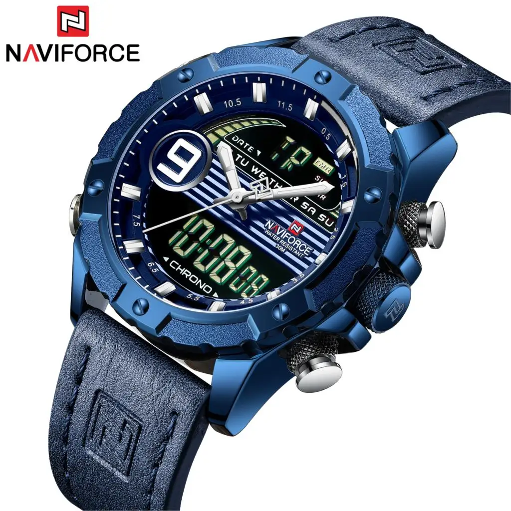 

NAVIFORCE Brand New Blue Men Watch Leather Sports Chronograph Military Watches Quartz Clock Analog Digital 3ATM Waterproof 2019