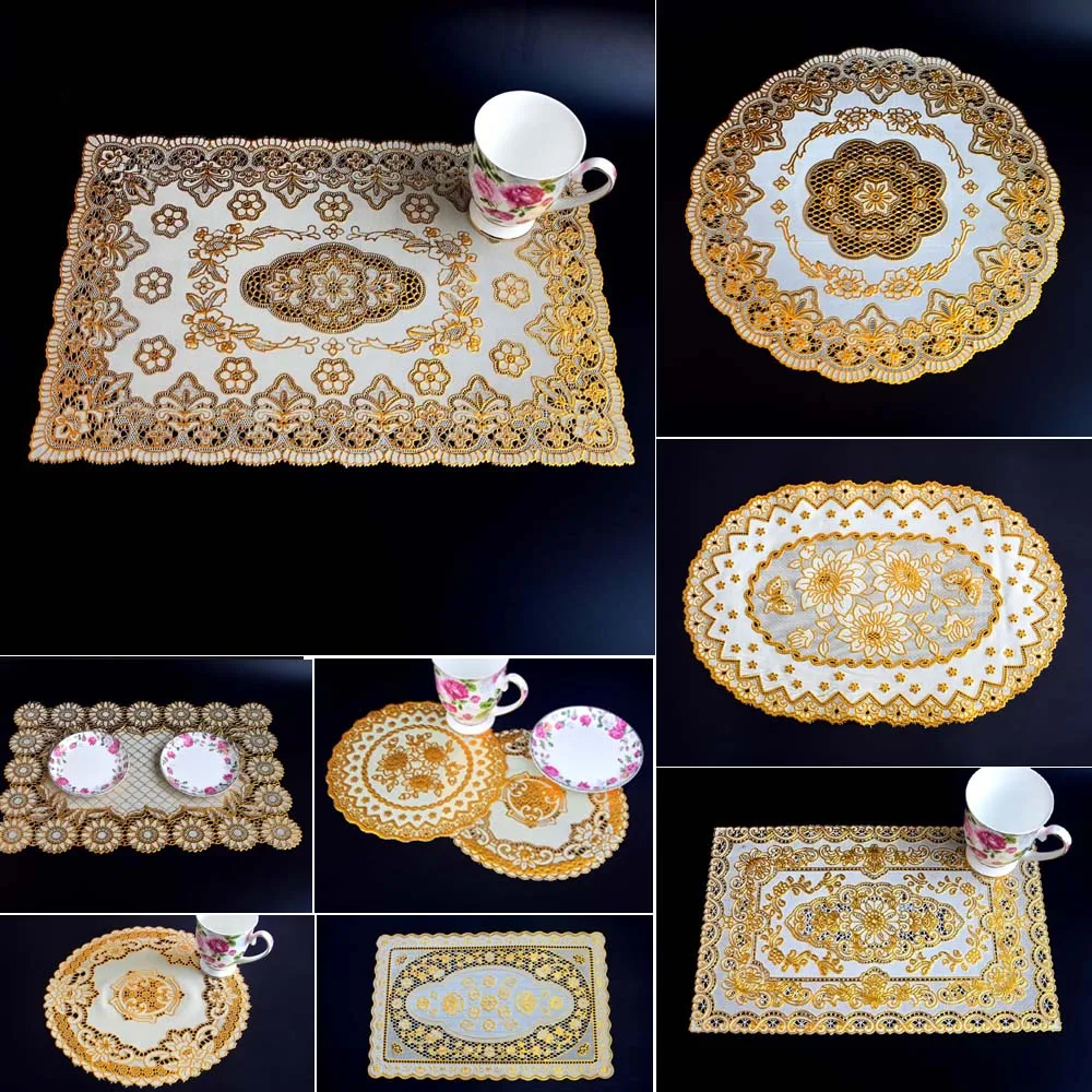 

6pcs Bronzing Lace pvc placemat Dining Table Mat golden coaster waterproof insulation pad Tableware Utensil Restaurant Supplies