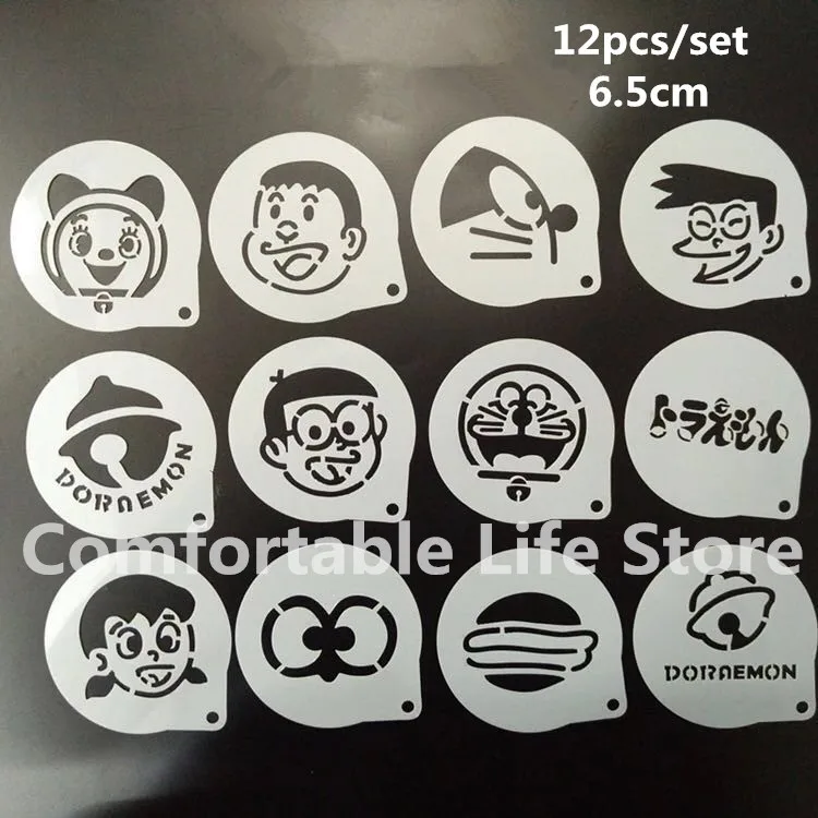

12Pcs/Set Cartoon Latte Coffee Stencils Doraemon Cake Mold Fondant Cookies Baking Tools Art DIY Tools D15
