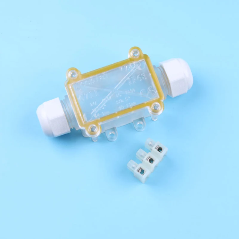 

mini IP68 Waterproof Connection Box Clear PC Outdoor one in one out plastic junction enclosure with cable gland & 3 way terminal
