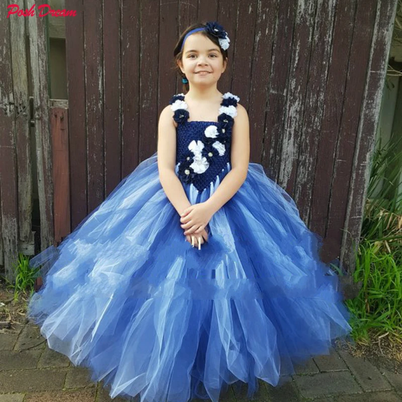 

POSH DREAM Navy Blue White Flower Girl Tutu Dress Wedding Dress V- Shaped Junior Bridesmaid Kids Girls Flower Dress Kids Clothes