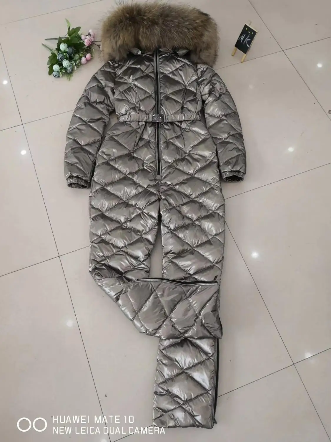 Женский комбинезон с капюшоном зимний из натурального меха Размеры M L XL