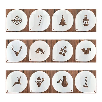 

12Pcs Christmas Coffee Cappuccino Cocoa powder Stencil Mold Cake Moulds Cupcake Template Barista Strew Pad Duster Tools