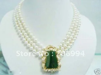 Ювелирных изделий женские ювелирные изделия 7-8 мм белый пресноводный жемчуг ожерелье кулон из зеленого камня бесплатный подарок