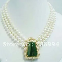 Ювелирных изделий женские ювелирные изделия 7-8 мм белый пресноводный жемчуг ожерелье кулон из зеленого камня бесплатный подарок