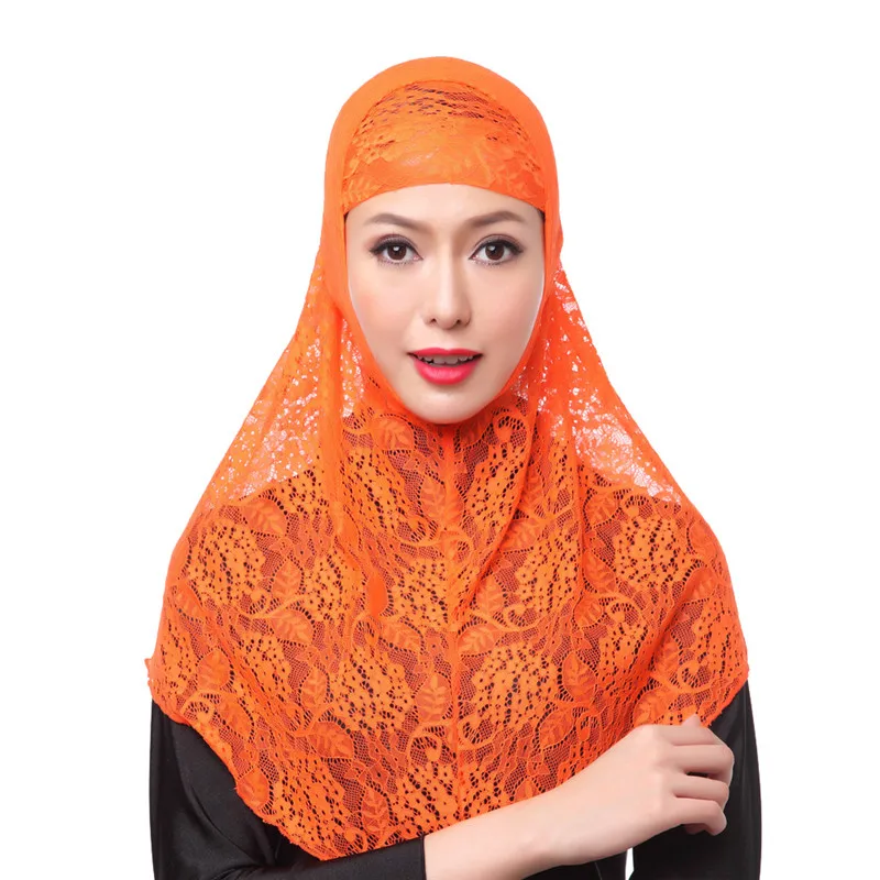 Модный кружевной мусульманский niqab Шелковый комплект из двух предметов Малайзийский хиджаб - Цвет: Orange
