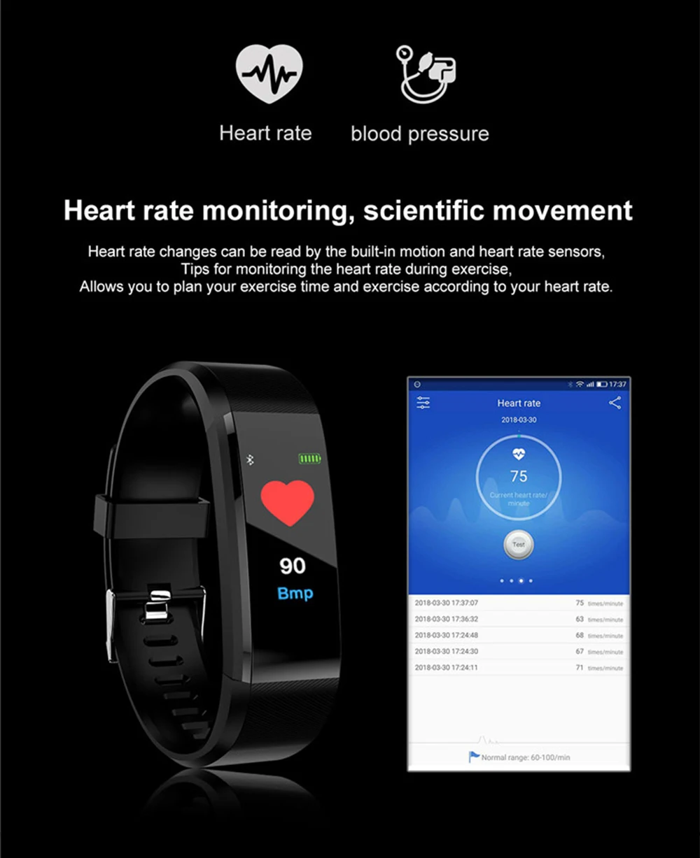 Умный Браслет для здоровья, спортивный Bluetooth браслет, монитор сердечного ритма, часы, фитнес-трекер, 115 Plus, SmartBand PK Mi band 3