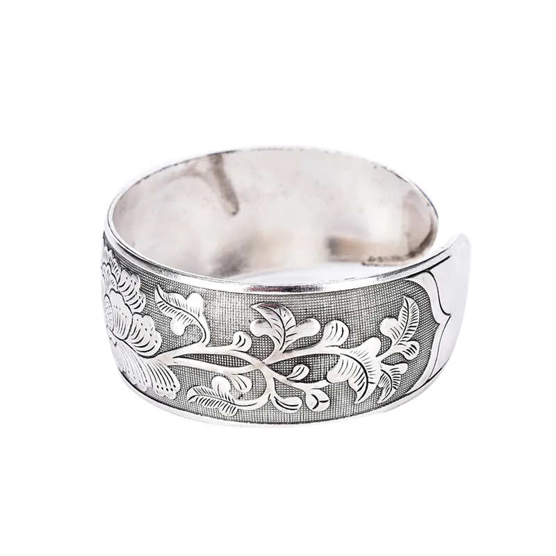 

2018 New Silver Flower Bangle Beautiful Peony Tibetan Tibet Cuff Hand Bracelet Jewelry for Women