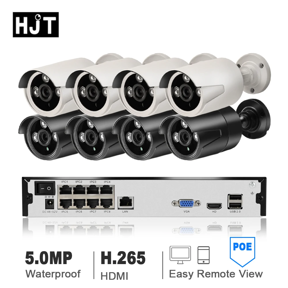 HJT 8CH POE сеть NVR Камера 4CH белый черный 5.0MP 48 V комплект P2P Обнаружение движения