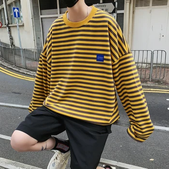 

2019 Spring Men's New Clothes Stripe Printing Round Collar Coats Male Hoodies Cotton Casual Loose Black/green/yellow Sweatshirt