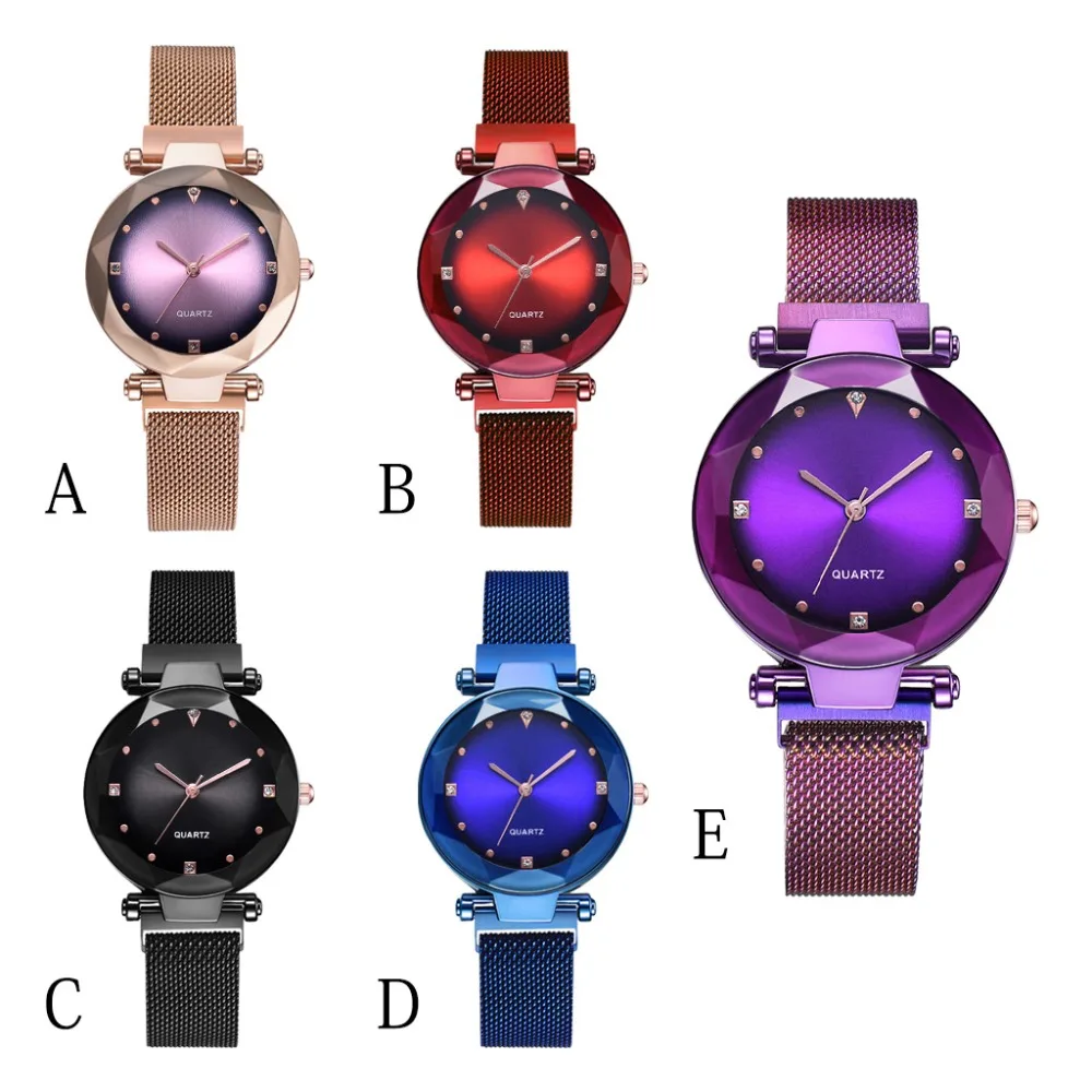 Модные женские часы с магнитным звездным небом, новинка, Женские кварцевые наручные часы, стразы, черная сталь, сетка, женские часы на руку