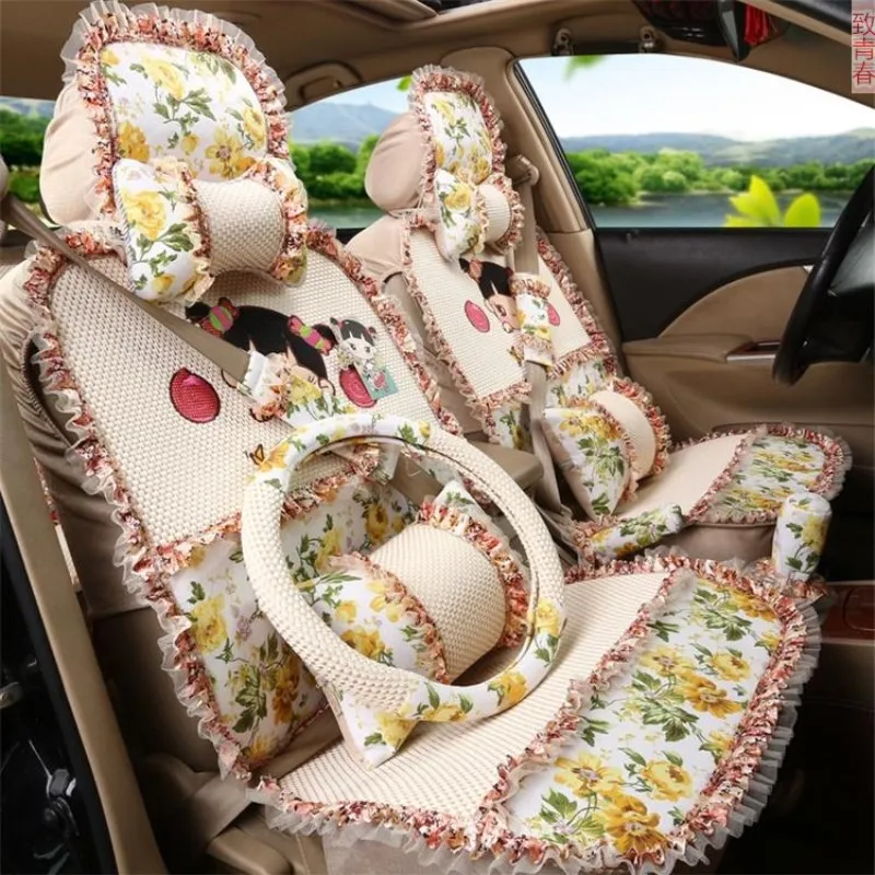 

Pastoral style Cute flower Cartoon breathable linen lace car seat cover 16pcs/set sweet Girls accessories