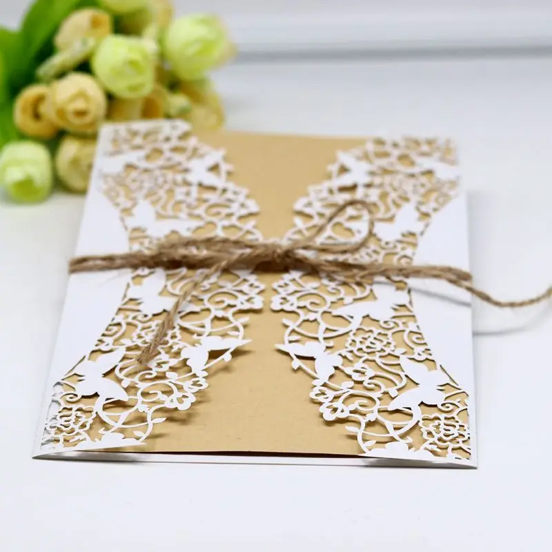  10pcs/set Laser Cut Hollow Wedding invitations Cards Lace Hemp Rope Invite Envelopes Kits For Engag - 33046230037