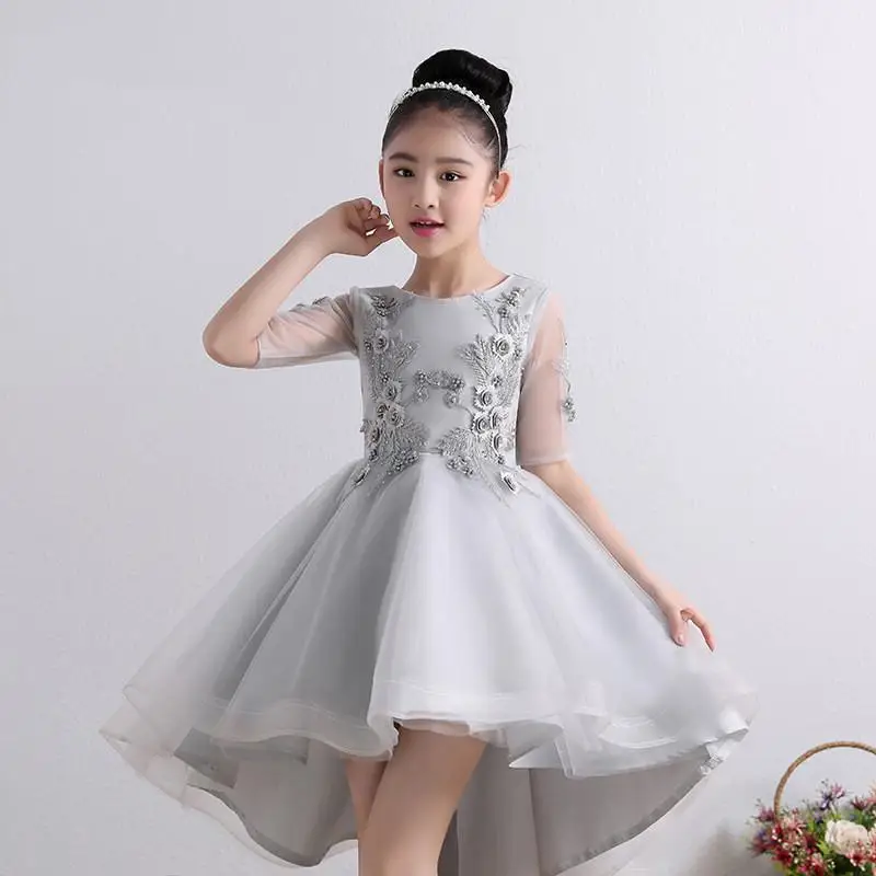 Детское Тюлевое праздничное платье принцессы для девочек, детское платье для выпускного вечера с вышитыми жемчужинами и цветами, платья со шлейфом и аппликацией для девочек-подростков Q212 - Цвет: gray  trailing