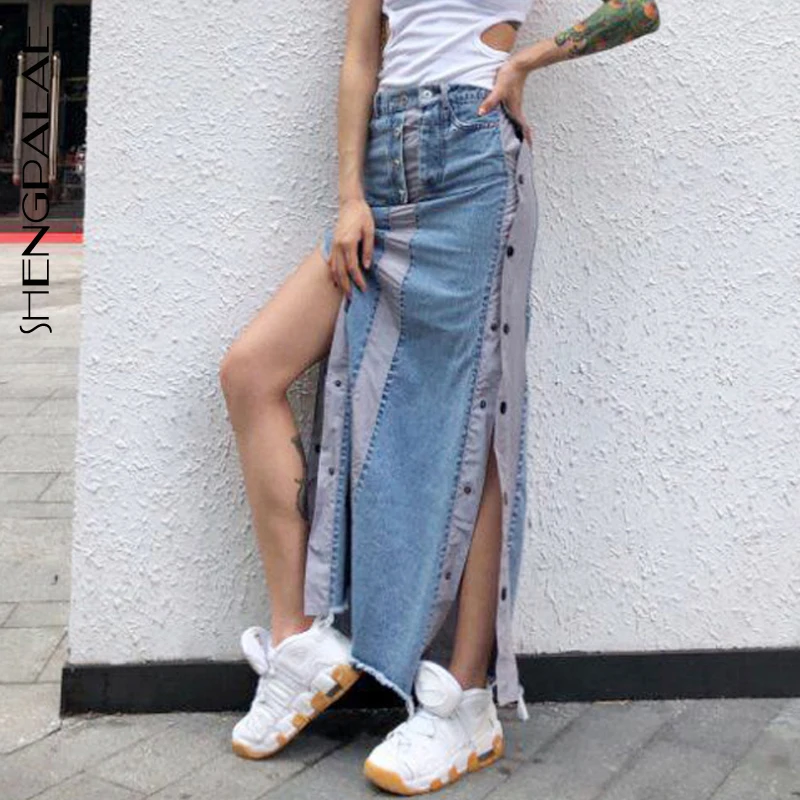

SHENGPALAE 2019 New Spring Summer High Waist Split Joint Spliced Vent Button Personality Half-body Skirt Women Fashion Tide JX649