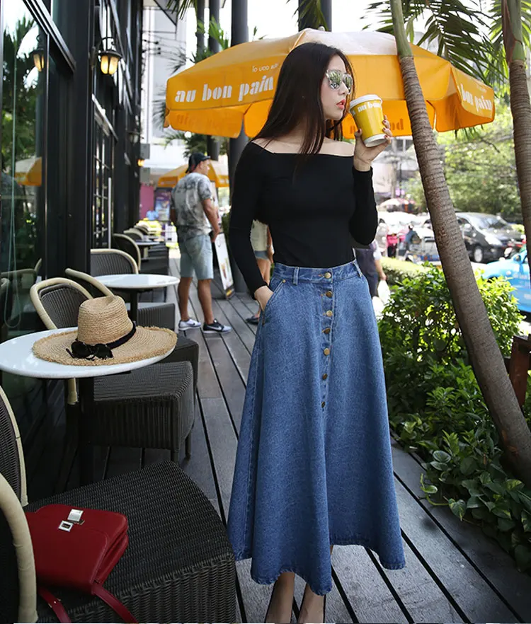 Новая модная одежда, Корейская джинсовая юбка PreppyStyle, Женская однотонная длинная юбка с высокой талией, Женская Повседневная винтажная джинсовая юбка на пуговицах