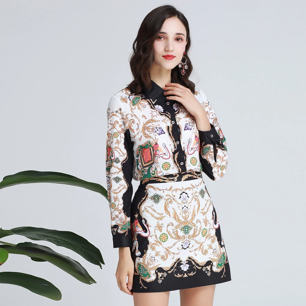 

Red RoosaRosee Fashion New Designer Runway Women Two Piece Set Vintage Floral Print Shirt Tops Mini Skirt Autumn Suits Twinsets