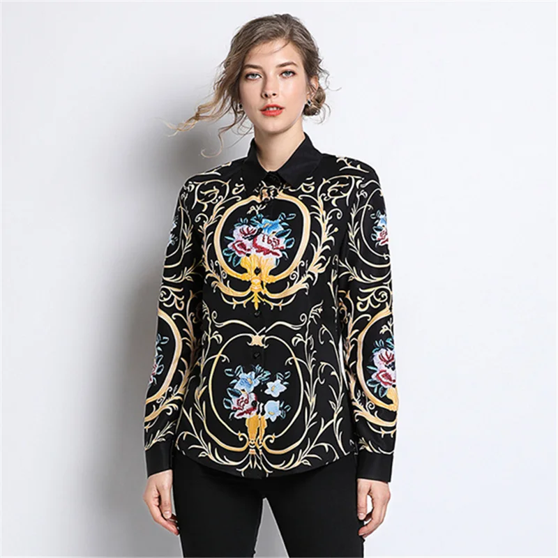 

Women Autumn Design Runway Shirt Blouse Long Sleeves Retro Print Top Shirt Fashion Turn Down Collar OL Style Vintage