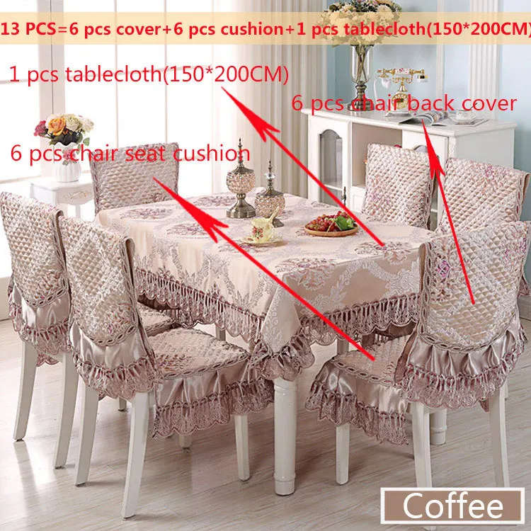 Luxury Europe Table Cloth Satin Printed Lace Chair Cover Cushion Set Hotel Wedding Decorat Banquet Home Dinning Tablecloth Set - Цвет: Coffee13pcs150x200cm