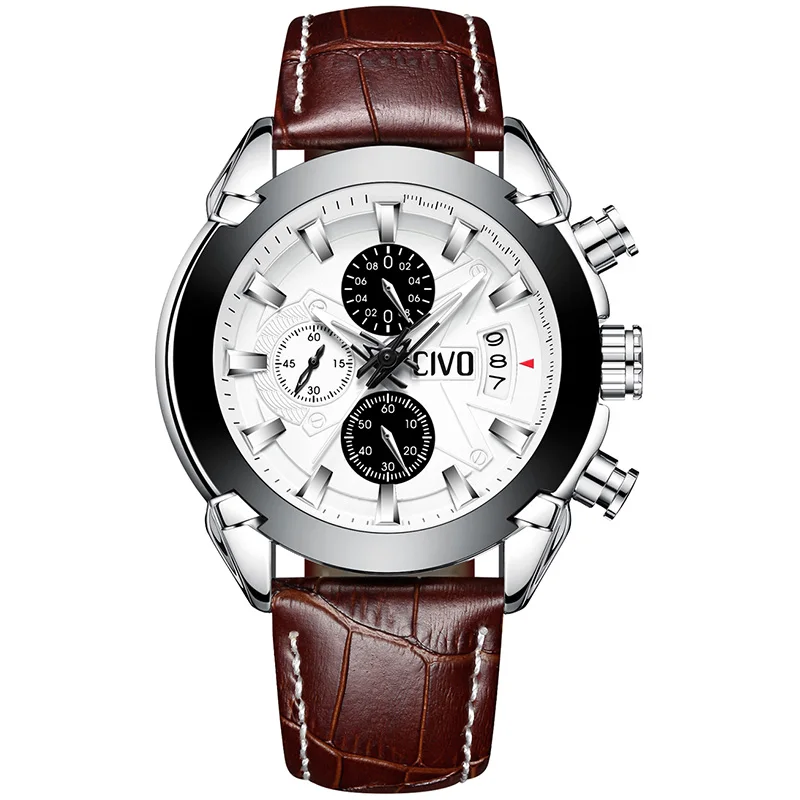 

Genuine Leather Sport Watch Men CIVO Waterproof Chronograph Date Calendar Analogue Watches For Men Teenager Student Quartz Watch