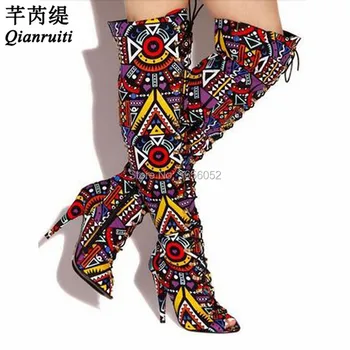 

Qianruiti Bota Feminina Geometric Mixed Colors Knee High Booties Sexy Strappy Heels Ladies Fetish Shoes Peep Toe Lace Up Boots