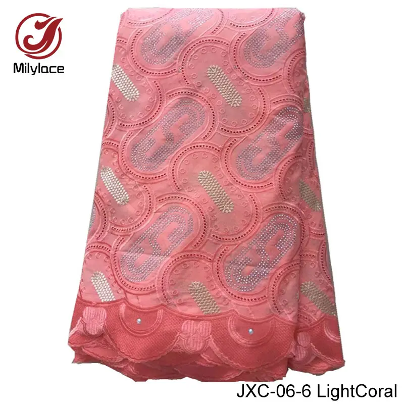 Good quality Swiss lace fabric with stones 10 colors available Embroidery cotton material 5 yards JXC-06 |