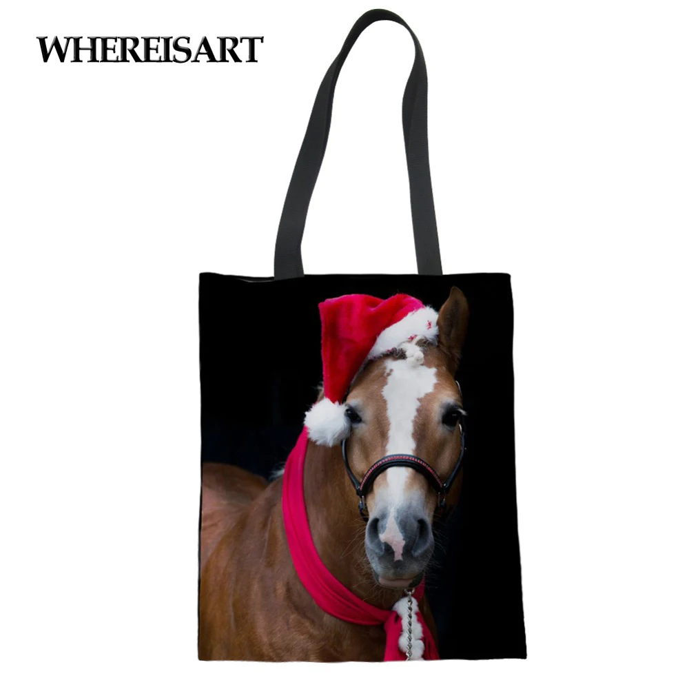 

WHEREISART Horse Christmas Women Handbags Canvas Shopping Bag Supermarket Bags Large Capacity Reusable Tote eco Crossbody Bag