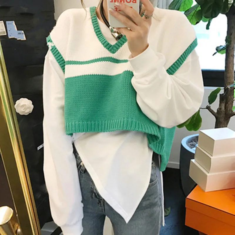 

6 colors 2017 autumn V-neck stripe color patchwork vest loose short design womens sweaters and pullover vest womens (B0628)