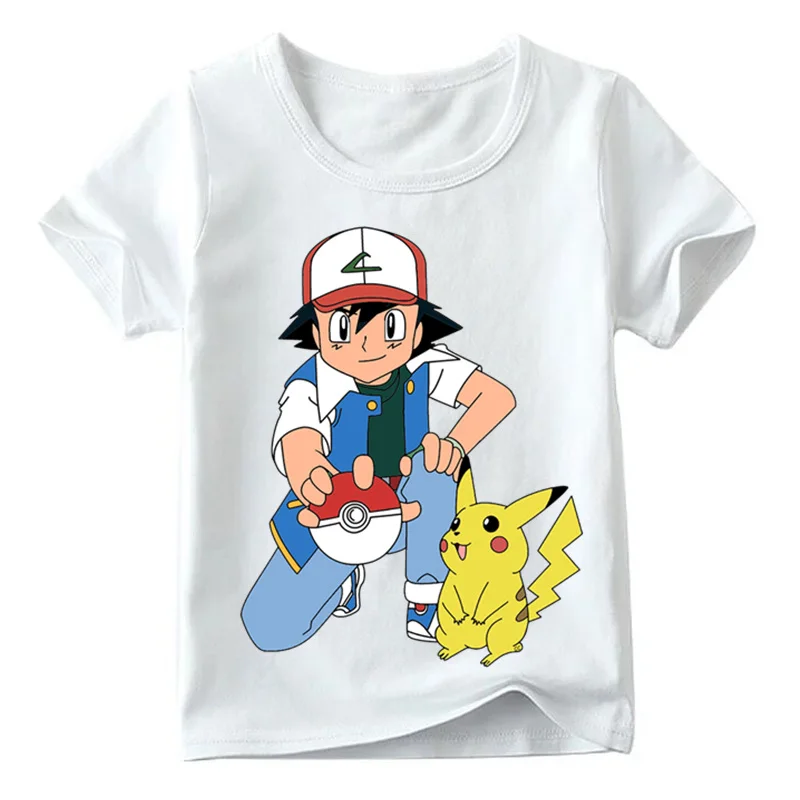 Футболка для маленьких мальчиков и девочек с принтом пепел и Пикачу из Pokemon Go летние детские повседневные топы, детская забавная футболка HKP2171 - Цвет: White C