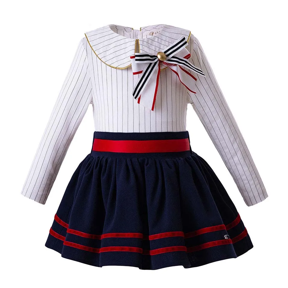 

Pettigirl New Retro Style Girls Clothing Set Long Sleeve Striped Blouse+Royal Blue Skirt Boutique Kids Outfits G-DMCS106-B344
